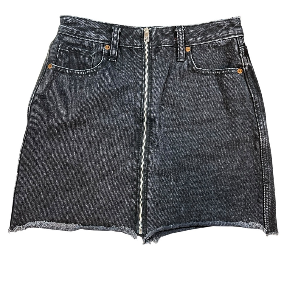 Abercrombie Fitch Denim Mini Skirt Black Front Zipper Y2K Frayed Hem A-Line Sz 2